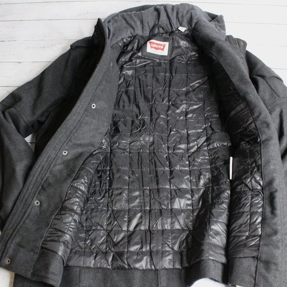 Levi's Men's Wool Military Jacket Size M Charcoal Gray Hooded Quilted - Picture 5 of 7